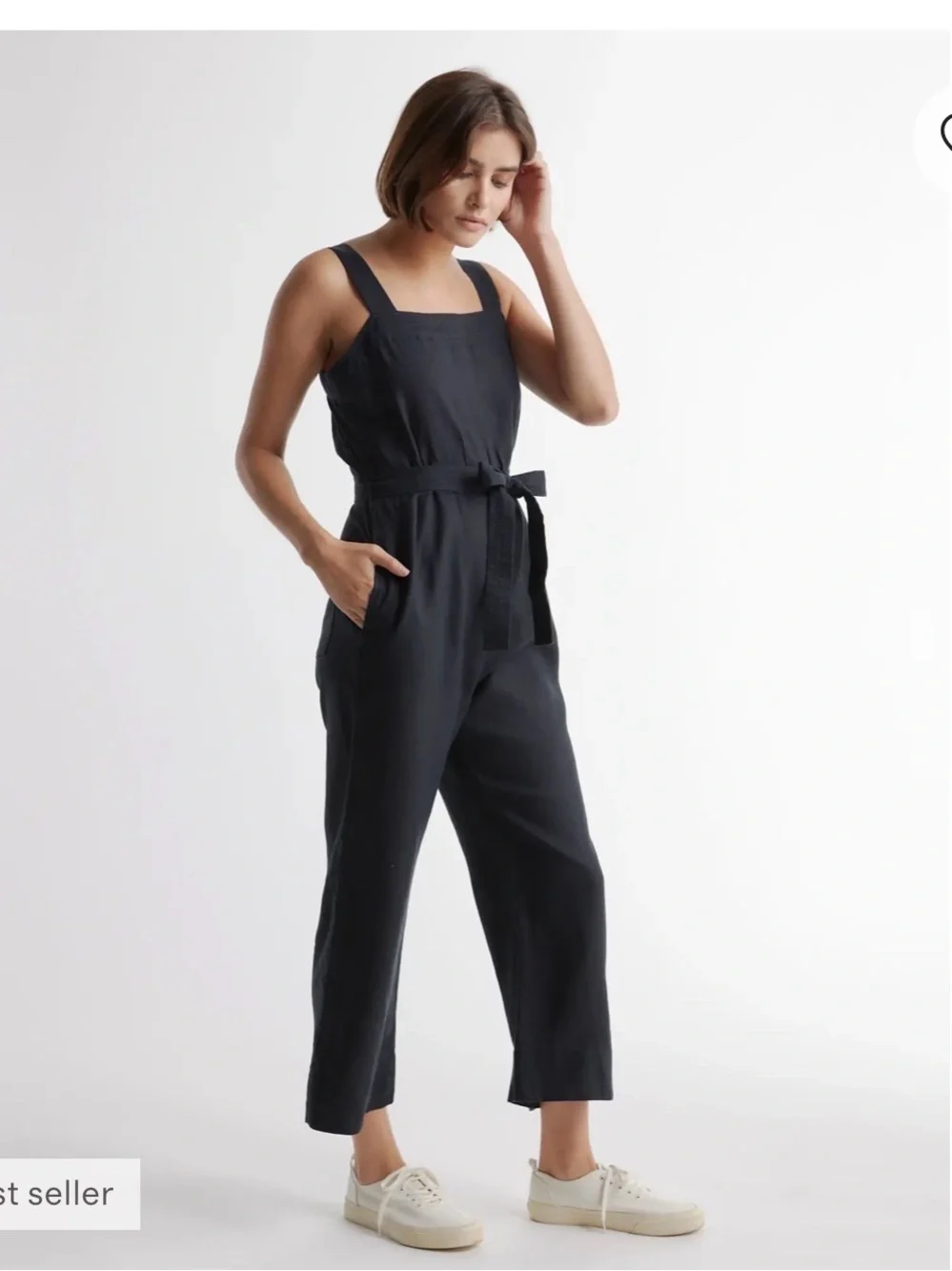 100% European linen square neck Jumpsuit black XS